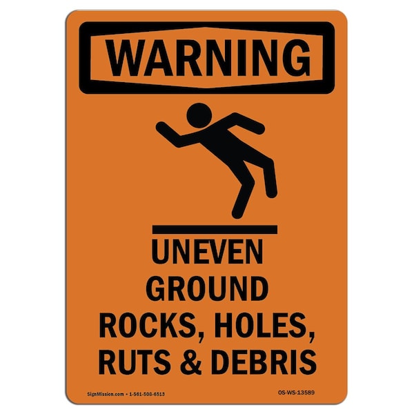 Safety Sign, OSHA WARNING, 5" Height, Uneven Ground Rocks, Portrait, 10PK